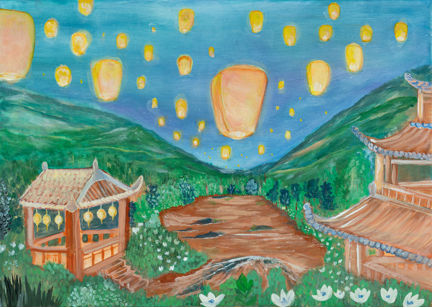 Originalgemälde "Lights of Wishes - Taiwan" inkl. Rahmen